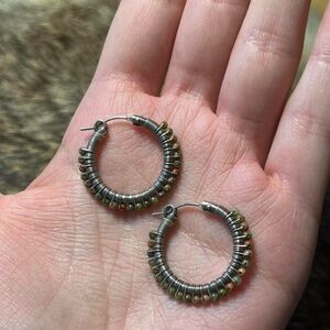 Chunky sterling silver wire wrapped unakite bead earrings